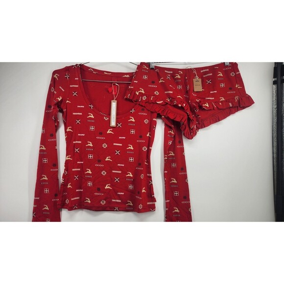 Skims Women's XXS Cranberry Vintage Deer Print Sleep Scoop Neck Top Set NWT